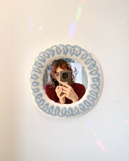Miroir tufté rond - motif ressort bleu