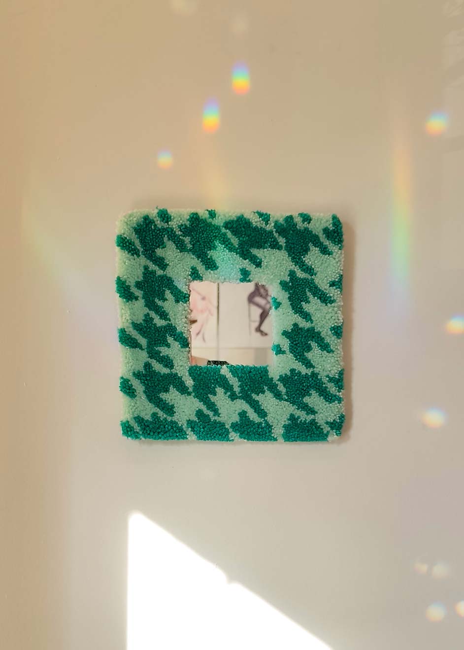 Miroir tufté - pied-de-poule turquoise